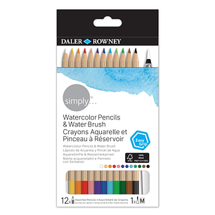 Daler Rowney Simply Pack de 12 Lapices Colores Acuarelables - Incluye Pincel Rellenable - Colores Surtidos