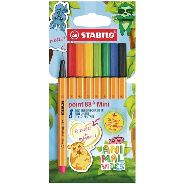 Stabilo Point 88 Mini Animal Vibes Pack con 8 Rotuladores de Punta Fina de Fibra - Incluye 5 Pegatinas Personalizables - Trazo de 0.4 mm - Tinta con B 1