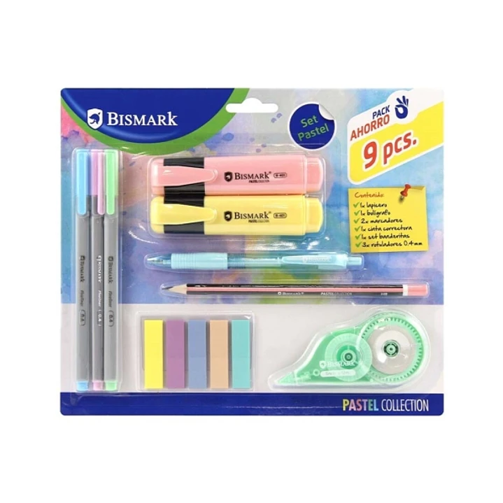 Bismark Pastel Pack Escolar con Lapicero, Boligrafo, 2 Marcadores, Cinta Correctora, Set Banderitas Pet y 3 Rotuladores 0.44mm 1