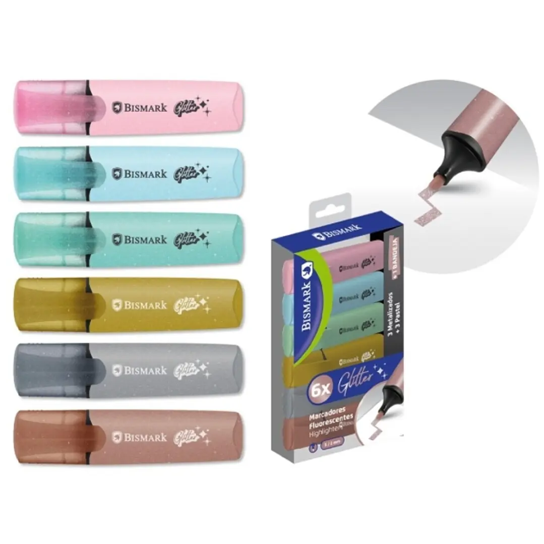 Bismark Pack de 6 Marcadores Fluorescentes Glitter - 3x Pastel y 3x Metalizados - Tinta de Secado Rapido - Punta Biselada - Ideal para Subrayar y Resa 1