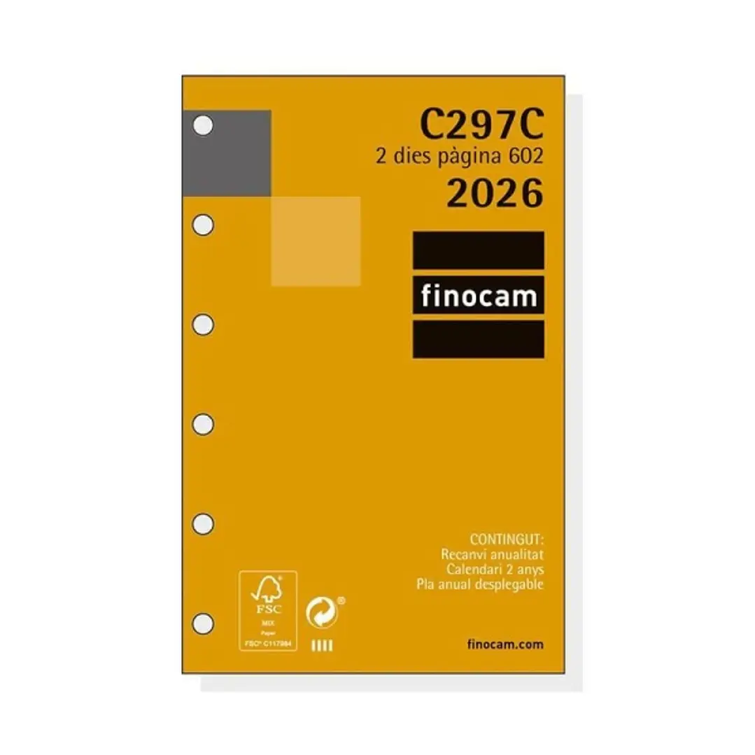 Finocam C297C Recambio para Agendas Classic en Catalan - Anual 2026 - Esquinas Microperforadas - Formato 602 - 73x9x114mm - 2 Dias por Pagina - Color  1