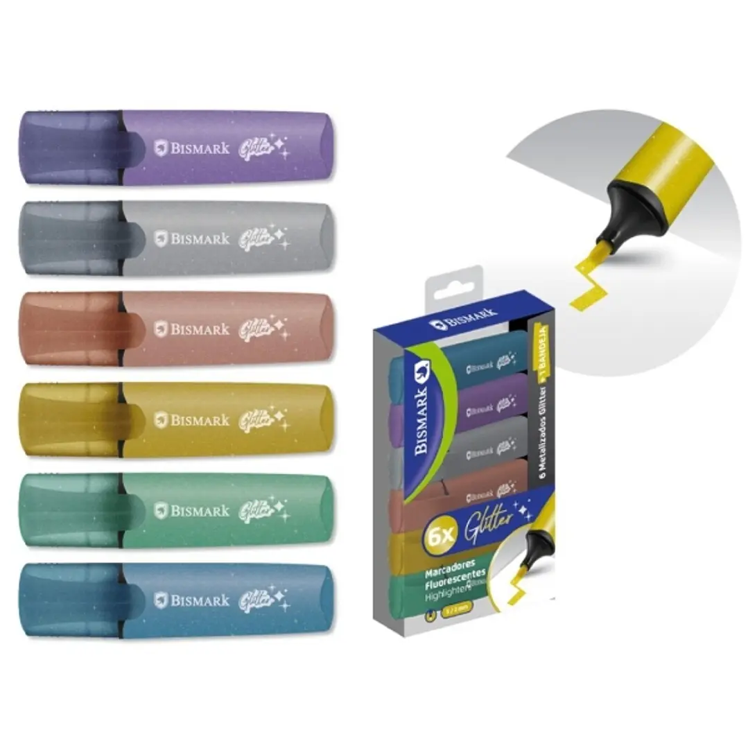 Bismark Pack de 6 Marcadores Fluorescentes Glitter Metalizados - Tinta de Secado Rapido - Punta Biselada - Ideal para Subrayar y Resaltar - Diseño Erg 1