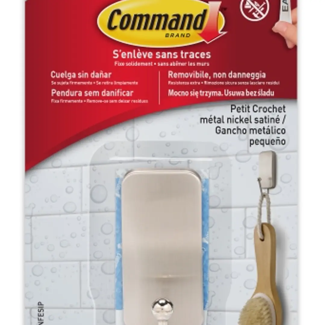 Command Gancho Compacto para Aseo - Resistente al Agua - 1 Unidad - 2 Tiras Adhesivas - Soporta hasta 450G - Talla S - Color Niquel Satinado 1