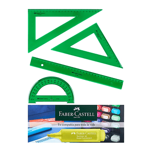 Faber-Castell Pack Escolar de 4 Reglas - Regla Recta - Transportador - Escuadra - Cartabon - Color Verde Tranparente