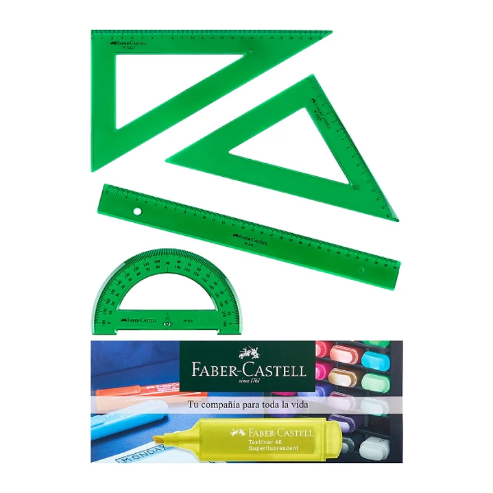 Faber-Castell Pack Escolar de 4 Reglas - Regla Recta - Transportador - Escuadra - Cartabon - Color Verde Tranparente 1