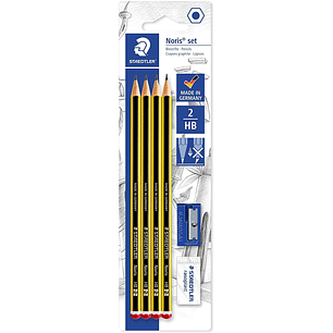 Staedtler Noris 120 Pack de 4 Lapices de Grafito Hexagonales 2HB + 1 Goma de Borrar Rasoplast + 1 Sacapuntas - Resistencia a la Rotura - Madera de Bos