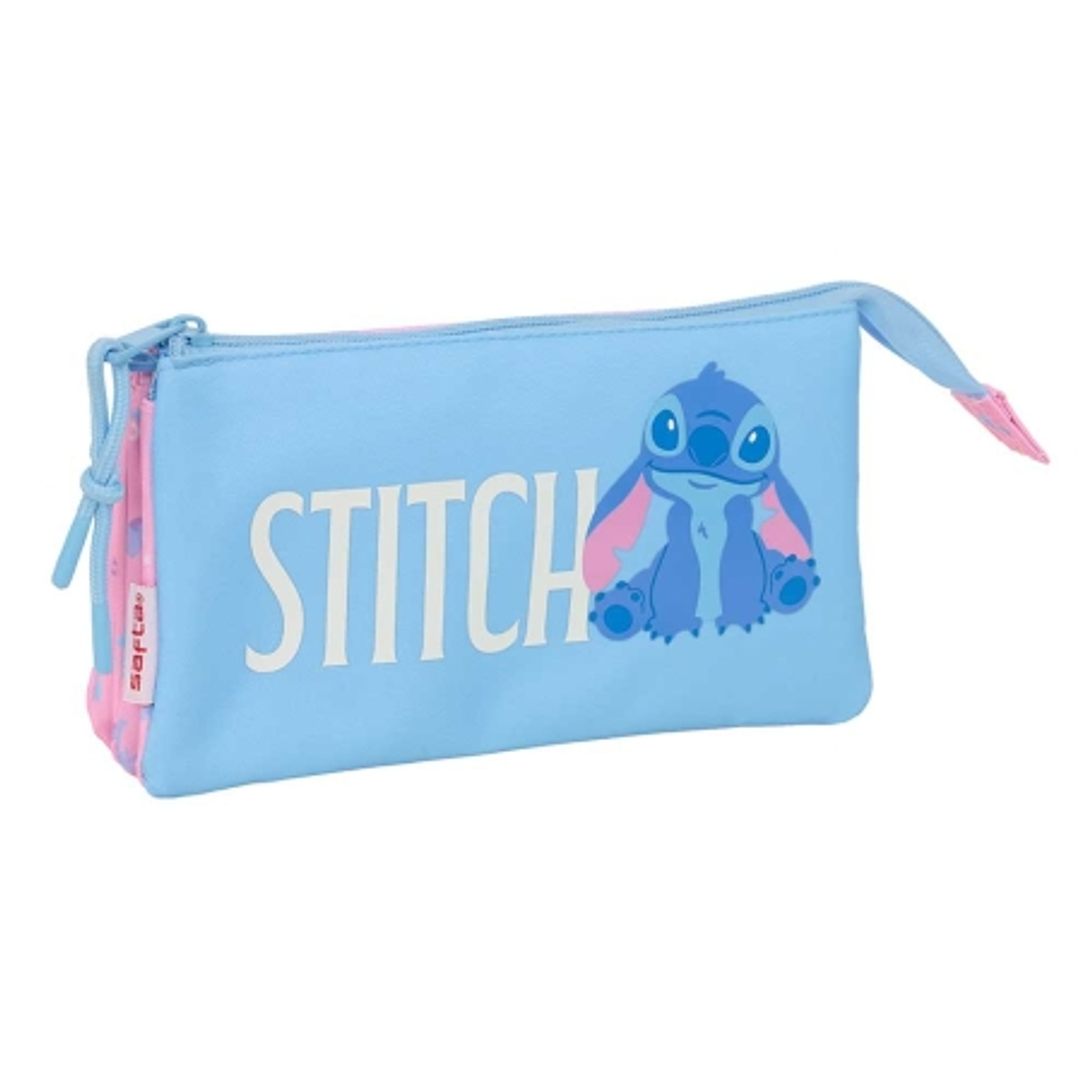 Safta Stitch Bright Portatodo - 3 Compartimentos con Cremalleras - Bolsillo Interior - 0.6L - 220x30x120mm - Color Azul 1