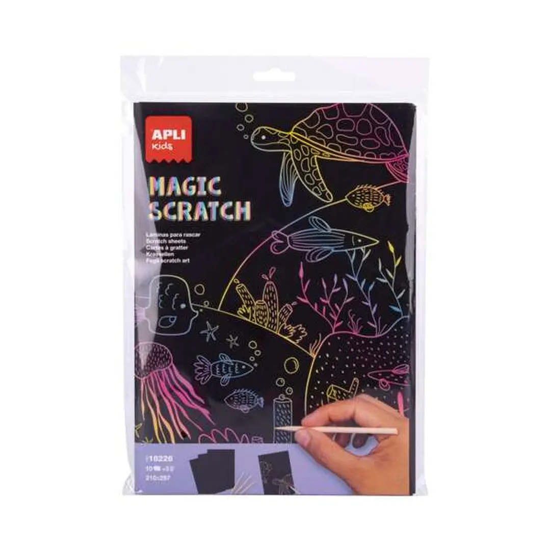 Apli Magic Scratch Laminas para Rascar - Tamaño A4 - 10 Hojas, 5 Herramientas - Distintos Colores de Fondo 1