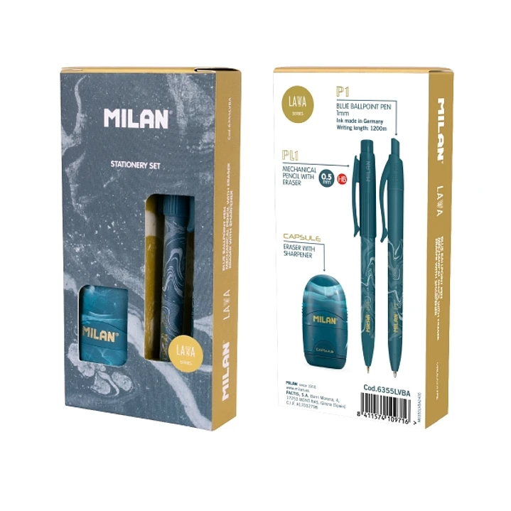 Milan Lava Pack de Boligrafo + Portaminas 0.5mm + Afilaborra - Caja de Regalo - Color Azul 1