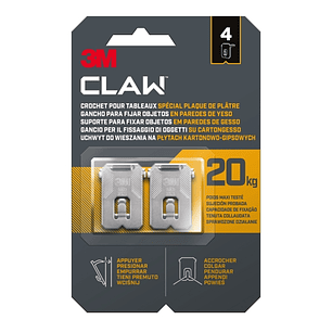 3M Claw Pack de 4 Ganchos de Metal para Paredes de Yeso - Soporta hasta 20kg - Color Gris/Titanio