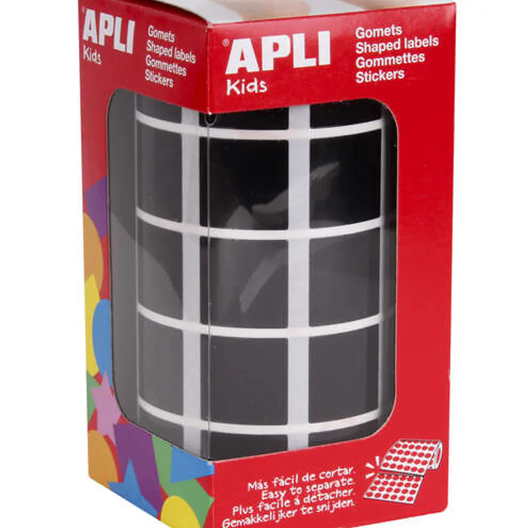 Apli Gomets Cuadrados Negros 20x20mm - 59 Hojas Pretroqueladas - 1770 Gomets por Rollo - Ideal para Desarrollar Habilidades y Capacidades en Niños - C 1