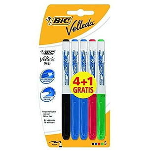 Bic Velleda Grip 4+1 Pack de 5 Rotuladores para Pizarra - Zona con Grip - Punta Media - Trazo de 1.2mm - Borrado Optimo - Colores Surtidos