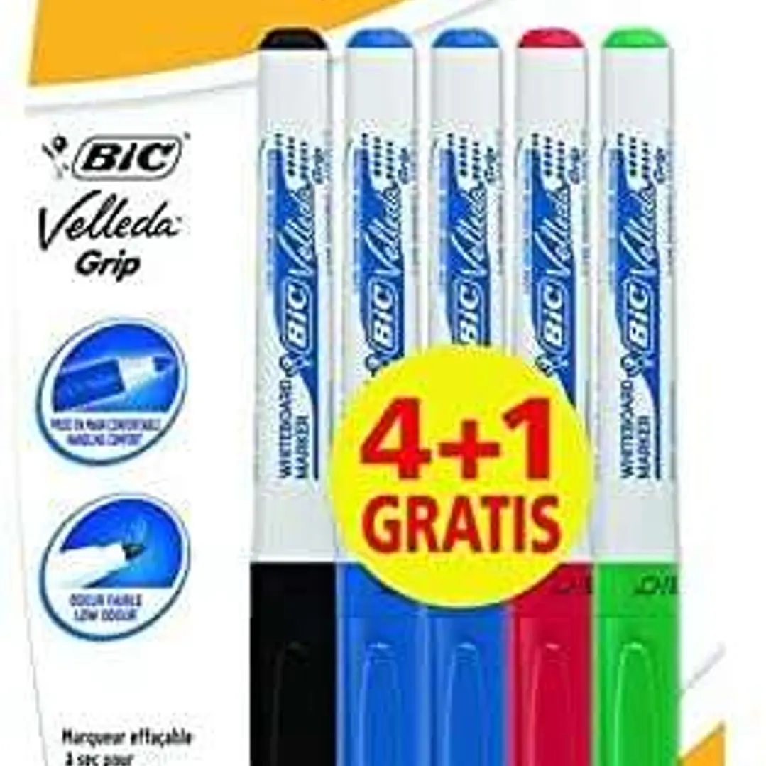 Bic Velleda Grip 4+1 Pack de 5 Rotuladores para Pizarra - Zona con Grip - Punta Media - Trazo de 1.2mm - Borrado Optimo - Colores Surtidos 1