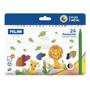Milan Plastipastel Pack de 24 Ceras de Colores Redondas - Contiene 3 Ceras Fluo y 2 Metal - Colores Surtidos