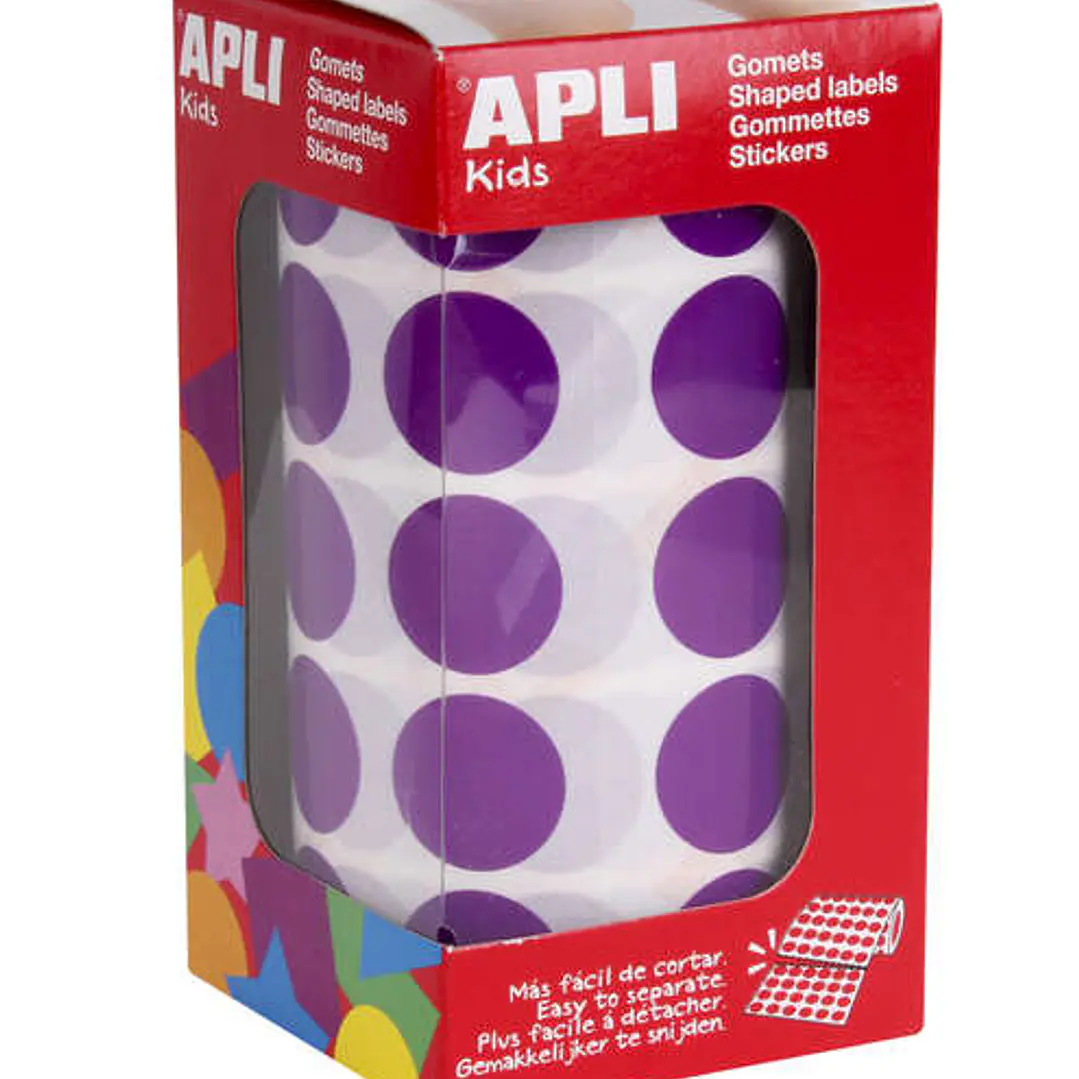 Apli Gomets Redondos Lila Ø 20mm - 59 Hojas Pretroqueladas - 1770 Gomets por Rollo - Ideal para Escuelas y Talleres Infantiles 1