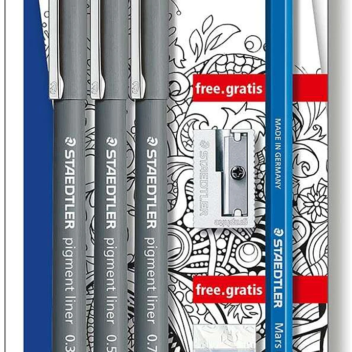 Staedtler Pigment Liner 308 Pack de 3 Rotuladores Calibrados Negros, Trazos Surtidos + 1 Goma de Borrar + 1 Sacapuntas + 1 Lapiz 2B - Color Negro 1