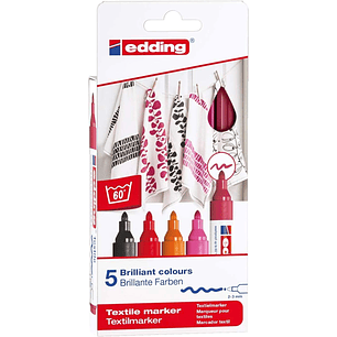 Edding 4500 Colores Calidos Pack de 5 Rotuladores Permanentes para Textil - Punta Redonda - Trazo 2-3mm - Olor Neutro - Secado Rapido - Colores Negro,