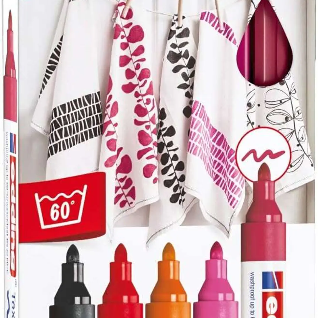 Edding 4500 Colores Calidos Pack de 5 Rotuladores Permanentes para Textil - Punta Redonda - Trazo 2-3mm - Olor Neutro - Secado Rapido - Colores Negro, 1