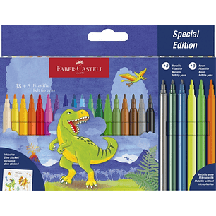 Faber-Castell Edicion Dinosaurios Pack de 24 Rotuladores de Colores - 18 Colores Clasicos + 3 Colores Metalizados + 3 Colores Neon - Incluye Pegatinas