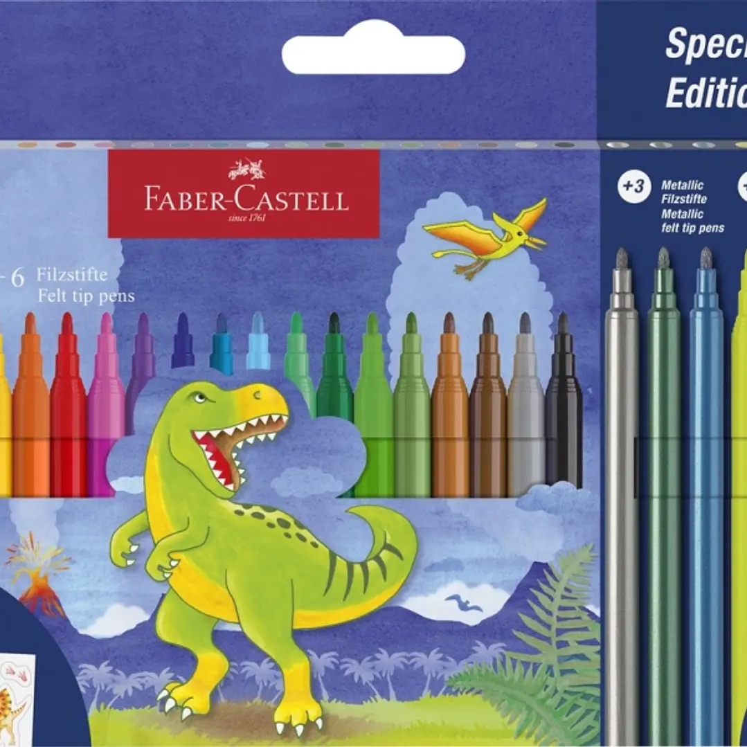 Faber-Castell Edicion Dinosaurios Pack de 24 Rotuladores de Colores - 18 Colores Clasicos + 3 Colores Metalizados + 3 Colores Neon - Incluye Pegatinas 1