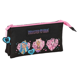 Safta Monster High Portatodo - 3 Compartimentos con Cremalleras - Bolsillo Interior - 0.60L - 220x30x120mm - Color Negro