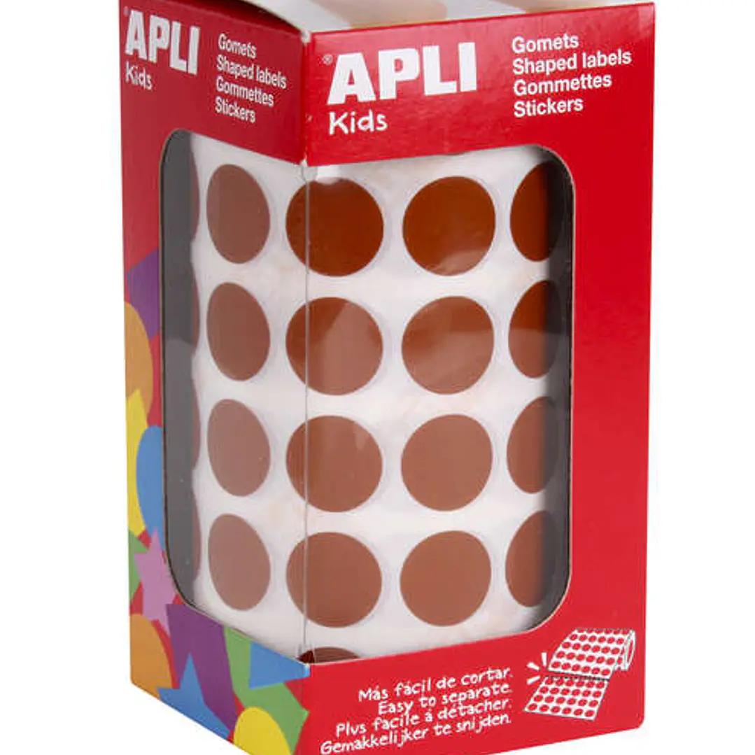 Apli Rollo con 2.832 Gomets Redondos Ø 15mm - Ideal para Escuelas y Talleres Infantiles - Normas EN-71 y FSC Cumplidas - Color Marron 1