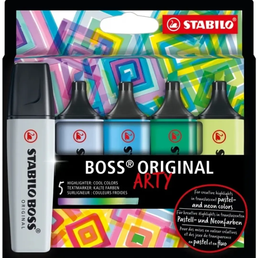 Stabilo Boss Original Arty Pack de 5 Marcadores Fluorescentes Colores Frios - Trazo entre 2 y 5mm - Tinta con Base de Agua 1