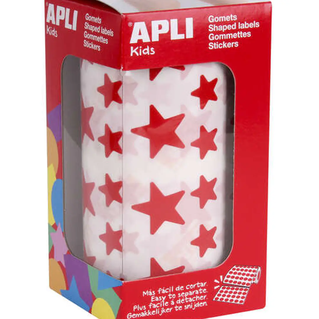 Apli Gomets Estrella Rojos - 12.5mm y 19.5mm - Adhesivo Permanente - 59 Hojas - 2360 Gomets por Rollo - Ideal para Desarrollar Habilidades y Cumplir N 1