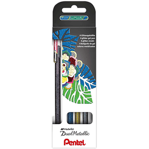 Pentel Hybrid Dual Metallic Pack de 4 Boligrafos de Bola con Tinta Gel Brillante - Punta 1mm - Trazo 0.5mm - Colores Brillantes Surtidos