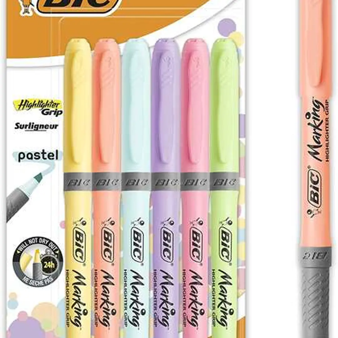 Bic Highlighter Grip Pack de 6 Marcadores Fluorescentes Pastel - Tinta con Base de Agua - Punta Biselada - Trazo entre 1.60 y 3.30mm - Colores Surtido 1