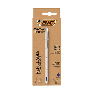 Bic Cristal Re´new Pack de Boligrafo Recargable de Bola + 2 Recambios - Punta Redonda de 1.0mm - Trazo 0.32mm - Tinta con Base de Aceite - Cuerpo Meta