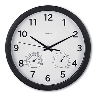 Hama Malta Reloj de Pared Analogico - Termometro - Higrometro - Silencioso - Funciona con 1 Pila AA - 25x4cm - Color Negro
