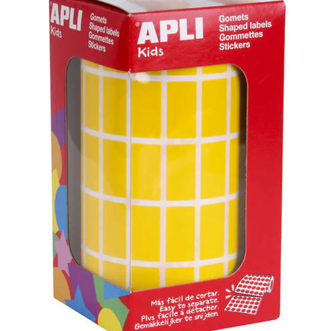 Apli Gomets Rectangulares Amarillos - 20x10mm - 59 Hojas Pretroqueladas - 3540 Unidades por Rollo - Ideal para Escuelas y Talleres Infantiles - Cumple 1