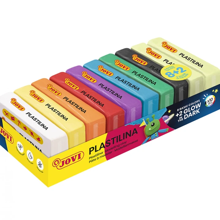 Jovi Bandeja con 10 Pastillas de Plastilina 50gr - 8 Colores Basicos + 2 Fluorescentes - Muy Moldeable - No se Seca - Colores Surtidos 1