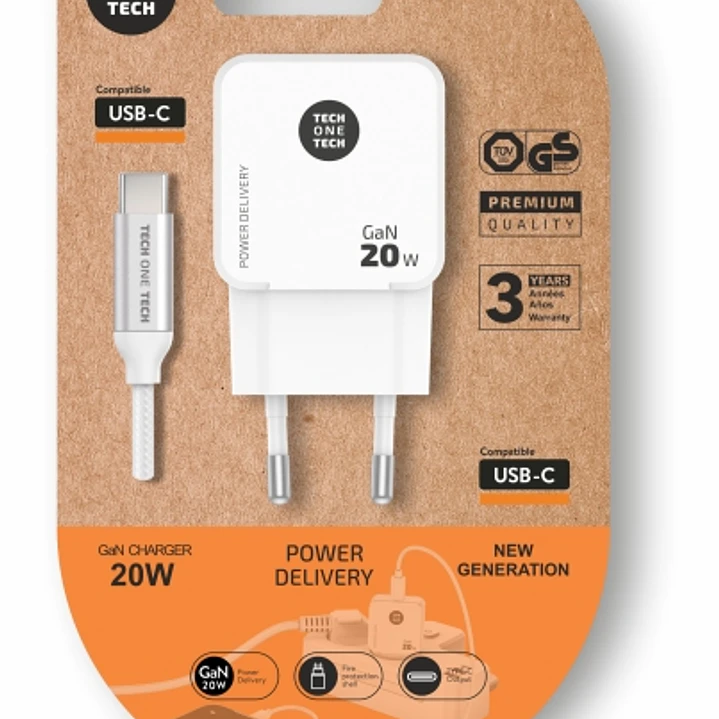TechOneTech Cargador de Pared Ultrarrápido GaN 20w Blanco + cable USB-C 1