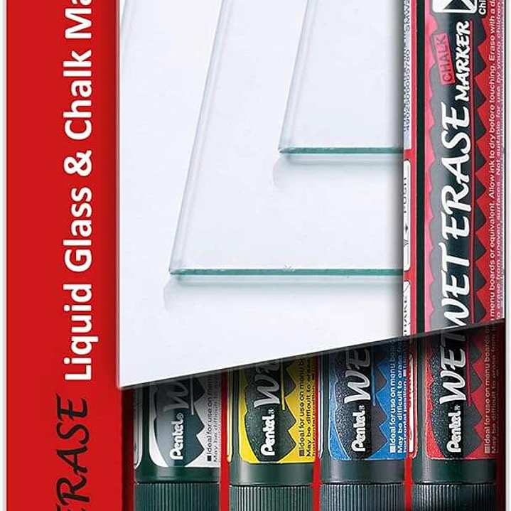 Pentel PenTools Pack de 4 Rotuladores de Tiza Liquida Wet Erase - Punta Biselada Reversible 2-4mm - Resistente a la Intemperie sobre Vidrio - Colores  1