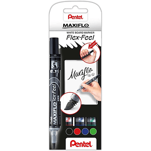 Pentel Maxiflo Flex-Feel Pack de 4 Rotuladores para Pizarra Blanca - Punta Flexible 4.6mm - Dosificacion de Tinta mediante Embolo - Colores Negro, Azu