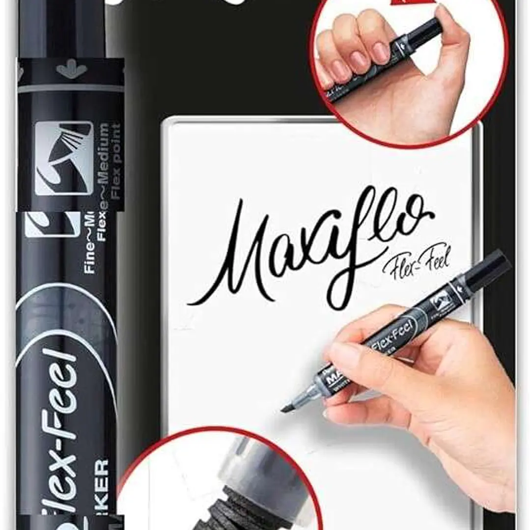 Pentel Maxiflo Flex-Feel Pack de 4 Rotuladores para Pizarra Blanca - Punta Flexible 4.6mm - Dosificacion de Tinta mediante Embolo - Colores Negro, Azu 1