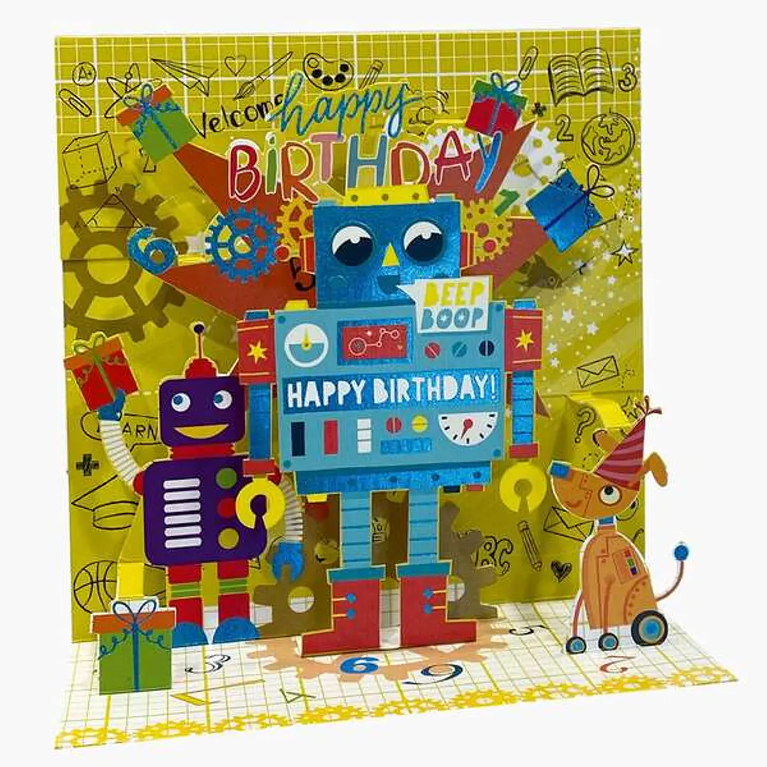 Pictura Tarjeta 3D Pop-Up - 16x16cm - Tematica Robots - Embolsada Individualmente - Incluido Sobre Blanco - Papel con Certificacion FSC 1