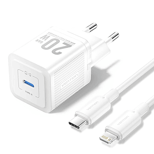 Vention Cargador de Pared GaN USB-C 20W - Cable USB-C a Lightning 1m - Color Blanco
