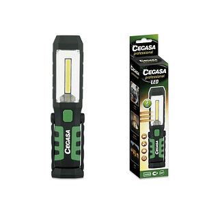 Cegasa Profesional Linterna Magnetica LED - COB Lateral, LED Superior y Luz de Emergencia - Gancho Ajustable 360º  - Funciona con 2 Pilas AAA (No Incl