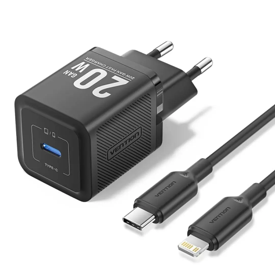 Vention Cargador de Pared GaN USB-C 20W - Cable USB-C a Lightning 1m - Color Negro 1