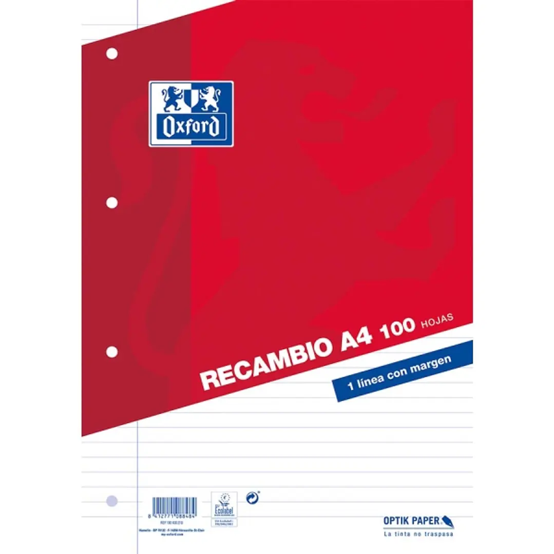 Oxford Classic Recambio de 100 Hojas Sueltas A4 1 Linea Horizontal con Margen 4 Taladros 1