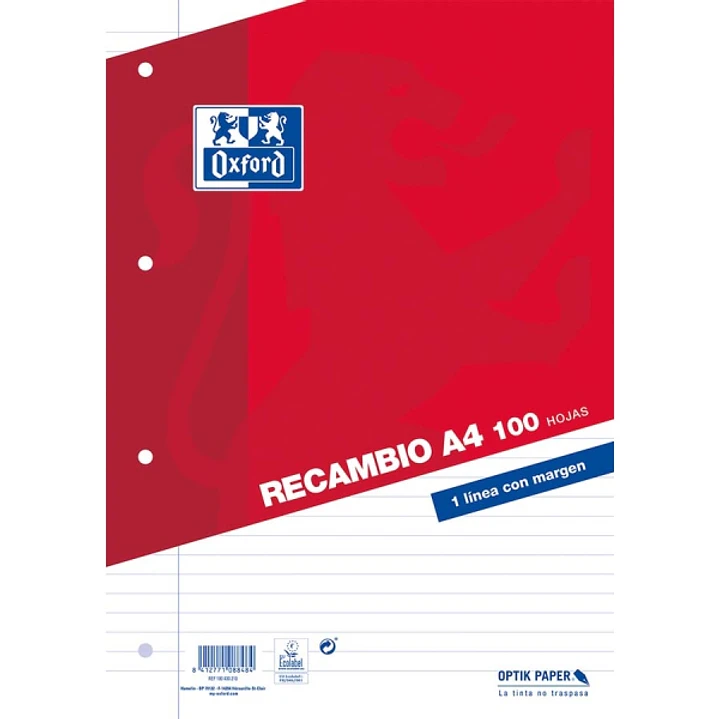 Oxford Classic Recambio de 100 Hojas Sueltas A4 1 Linea Horizontal con Margen 4 Taladros 1