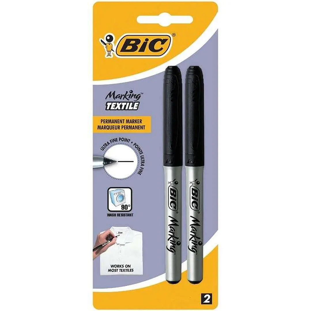 Bic Marking Textile Pack de 2 Rotuladores Permanentes para Ropa - Punta Ultrafina 0.9mm - Lavados hasta 90º - Tinta con Base de Alcohol - Color Negro 1