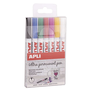 Apli Rotuladores Tinta Permanente Punta Fina - 1-2mm - Pack 7 Colores - Base Aceite - Larga Duracion - Resistente Al Agua - Soporta Hasta 60°C - Multi