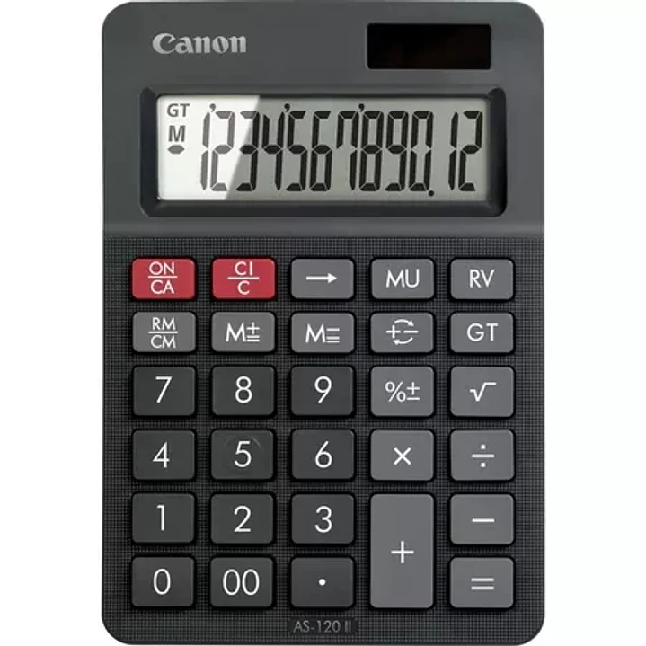Canon AS-120 II Calculadora de Sobremesa con Pantalla LCD de 12 Digitos - Funciones de Marcacion, Inversion y Memoria de Gran Total - Alimentacion Sol 1