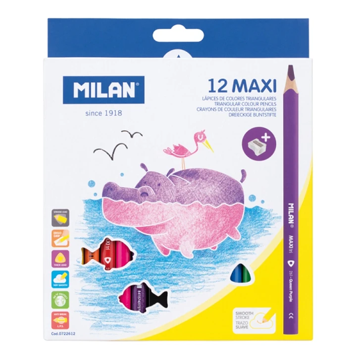 Milan Maxi Pack de 12 Lapices de Colores - Incluye Sacapuntas - Hexagonales - Colores Surtidos 1