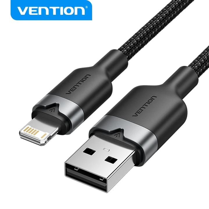 Vention Cable de Carga USB-A/Lightning - Aluminio y Algodon Trenzado - 480Mbps - 2.4A - 2m - Color Negro 1