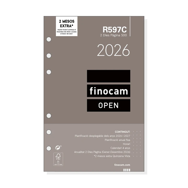 Finocam R597C Recambio Anual 2026 para Agendas Open 2026 en Catalan - Formato 500 - 117x11x181mm - 2 Dias por Pagina - Color Blanco 1